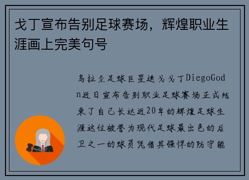 戈丁宣布告别足球赛场，辉煌职业生涯画上完美句号